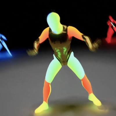 A humanoid figure from a video of motion-captured dancing using full-body suits and OptiTrack cameras