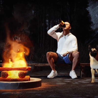 digital art of a man, drinking out of a can near a campfire, with a dog beside him