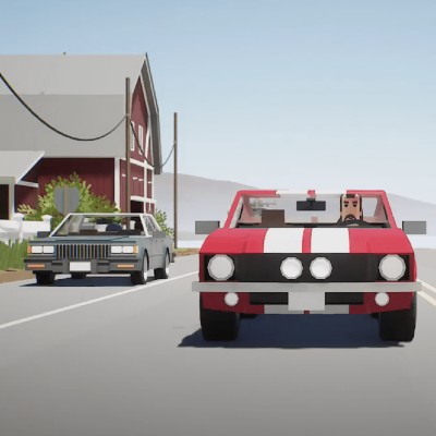 a scene from a digital movie, two cars on a road, seemingly made of legos