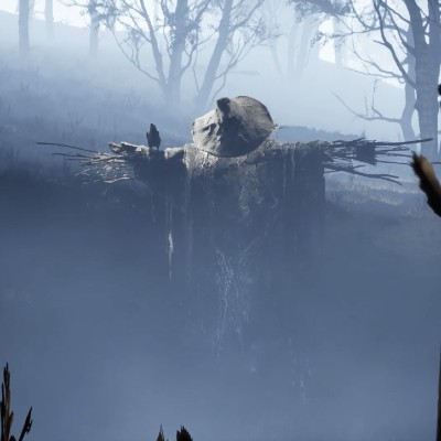 an eerie scarecrow, seen from behind in a bog