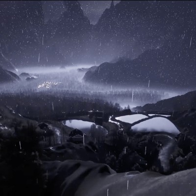 a grayscale digital media image depicting mountains, rain, and a body of water